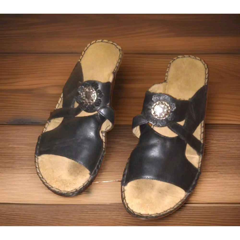 Salute Leather Slide Sandals Women 8M Black Wedge Concho Whipstitch 1071001